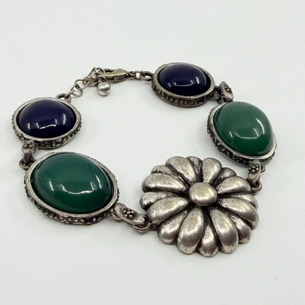 Vintage Boho Flower Bracelet Green Navy Cabochon Silver Tone